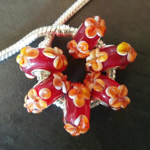 Large Hole Glass Beads, Lampwork Glass, Red, Yellow, Raised, Flowers, Rondelle, 14x10mm - BEADED CREATIONS