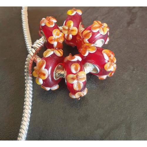 Large Hole Glass Beads, Lampwork Glass, Red, Yellow, Raised, Flowers, Rondelle, 14x10mm - BEADED CREATIONS
