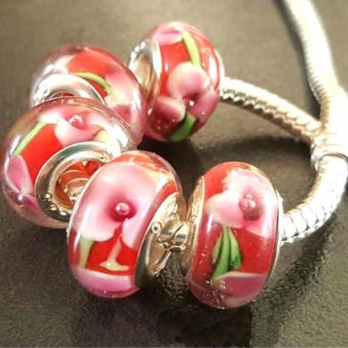 Large Hole Glass Beads, Lampwork Glass, Transparent, Red, Pink, Floral, 14x10mm - BEADED CREATIONS