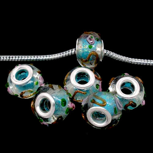 Large Hole Glass Beads, Lampwork, Transparent, Blue, Gold Foil, Raised, Floral, Rondelle, 14x10mm - BEADED CREATIONS