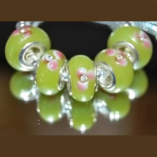 Large Hole Glass Beads, Lime Green, With Pink Flowers And Rhinestones, Rondelle, 14x10mm - BEADED CREATIONS