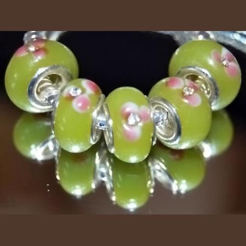 Large Hole Glass Beads, Lime Green, With Pink Flowers And Rhinestones, Rondelle, 14x10mm - BEADED CREATIONS