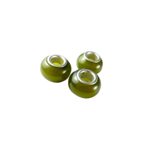 Large Hole Glass Beads, Olive Green, Cat's Eye, Rondelle, 14x10mm - BEADED CREATIONS