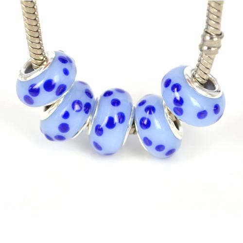 Large Hole Glass Beads, Opaque, Light Blue With Navy Blue Dots, Rondelle, 14x10mm - BEADED CREATIONS