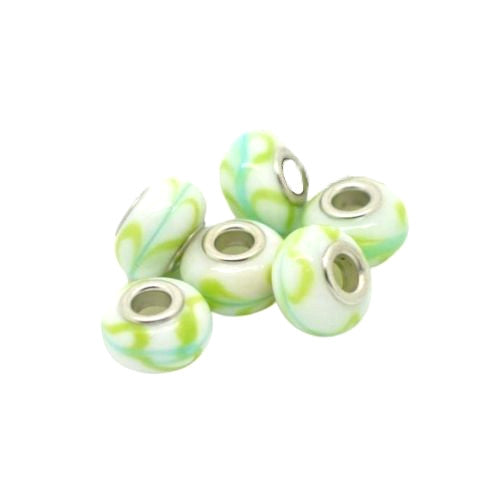 Large Hole Glass Beads, Opaque, White, Green, Blue, Rondelle, 14x10mm - BEADED CREATIONS