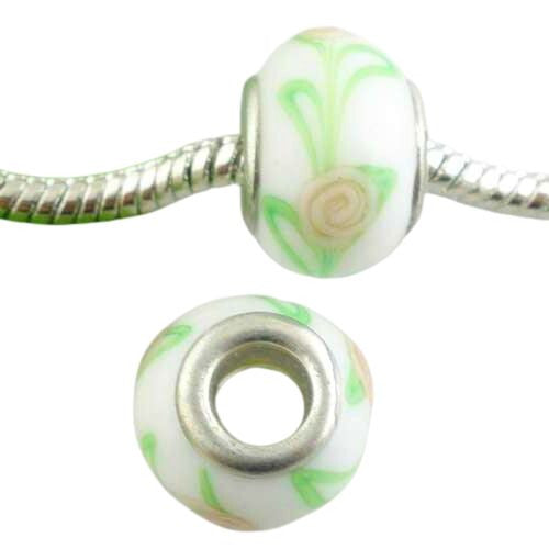 Large Hole Glass Beads, Opaque, White, Pink And Green, Floral, Rondelle, 14x10mm - BEADED CREATIONS