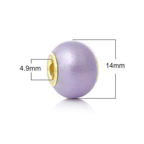 Large Hole Glass Beads, Pearlized, Lilac, Rondelle, Golden Core, 14x11mm - BEADED CREATIONS