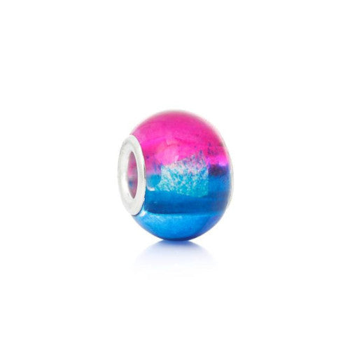 Large Hole Glass Beads, Pink, Blue Two-Tone, Silver Plated Core, Rondelle, 14x11mm - BEADED CREATIONS