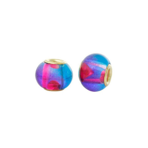 Large Hole Glass Beads, Pink, Blue, Two-Tone, Gold Plated Core, Rondelle, 15x12mm - BEADED CREATIONS