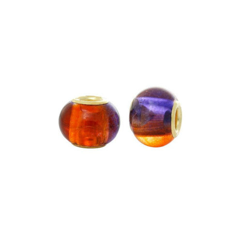 Large Hole Glass Beads, Purple, Orange, Two-Tone, Gold Plated Core, Rondelle, 15x12mm - BEADED CREATIONS
