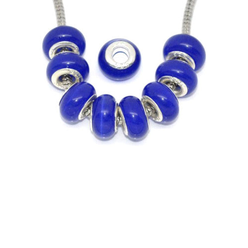 Large Hole Glass Beads, Royal Blue, Cat's Eye, Rondelle, 14x10mm