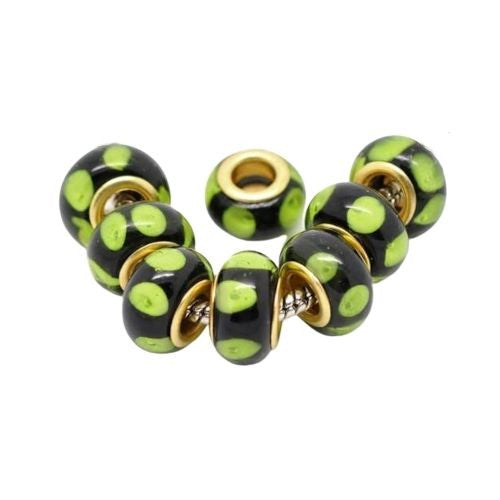 Large Hole Glass Beads, Translucent, Black With Green Spots, Rondelle, 14x10mm - BEADED CREATIONS