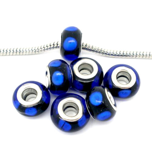 Large Hole Glass Beads, Translucent, Black With Royal Blue Spots, Rondelle, 14x10mm - BEADED CREATIONS