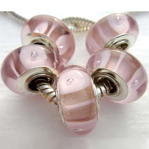 Large Hole Glass Beads, Translucent, Pink And White Stripes, Rondelle, 14x10mm