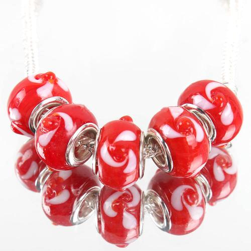 Large Hole Glass Beads, Translucent, Red With White Swirls, Rondelle, 14x10mm - BEADED CREATIONS