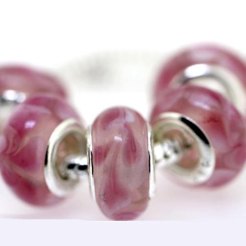 Large Hole Glass Beads, Translucent, White With Pink Swirls, Rondelle, 14x10mm - BEADED CREATIONS