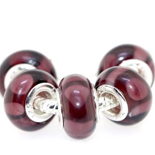Large Hole Glass Beads, Translucent, Wine Red With White Spots, Rondelle, 14x10mm - BEADED CREATIONS