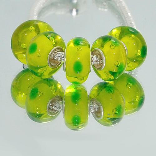 Large Hole Glass Beads, Transparent Yellow With Green Spots, 14x10mm - BEADED CREATIONS