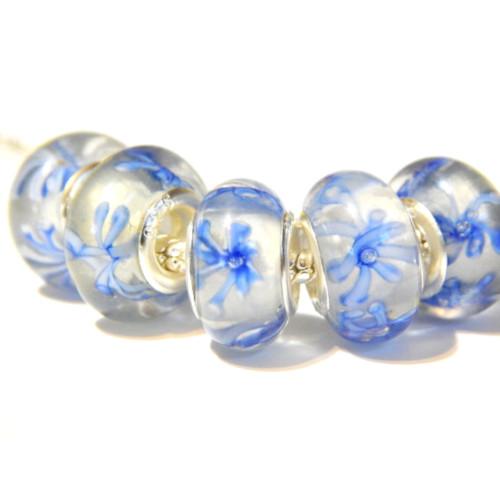 Large Hole Glass Beads, Transparent, Blue, Floral, Rondelle, 14x10mm - BEADED CREATIONS
