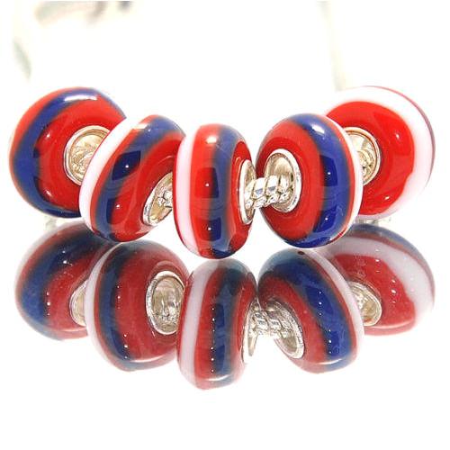 Large Hole Glass Beads, Transparent, Blue, Red, White, Striped, Rondelle, 14x10mm - BEADED CREATIONS