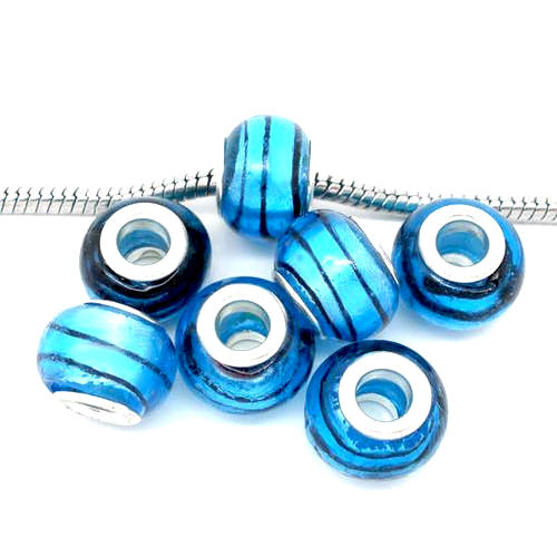 Large Hole Glass Beads, Transparent, Blue, Striped, Silver Foil, Rondelle, 14x10mm - BEADED CREATIONS