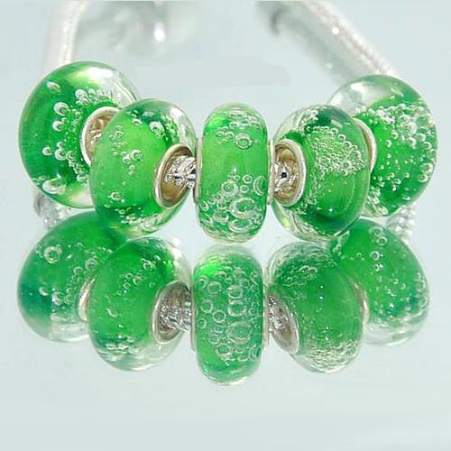 Large Hole Glass Beads, Transparent, Bubble Effect, Green, 14x10mm - BEADED CREATIONS