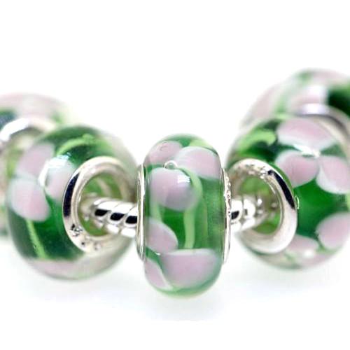 Large Hole Glass Beads, Transparent, Green And Light Pink Floral,  Rondelle, 14x10mm - BEADED CREATIONS