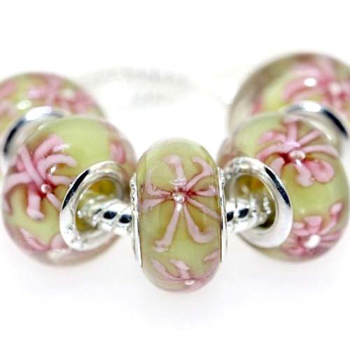 Large Hole Glass Beads, Transparent, Green And Pink Floral, Rondelle, 14x10mm - BEADED CREATIONS