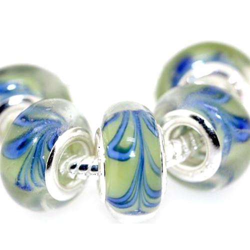 Large Hole Glass Beads, Transparent, Green With Blue Swirls, Rondelle, 14x10mm - BEADED CREATIONS