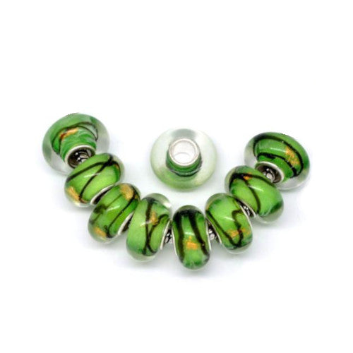 Large Hole Glass Beads, Transparent, Green, Black, With Gold Foil, Rondelle, 14x10mm - BEADED CREATIONS