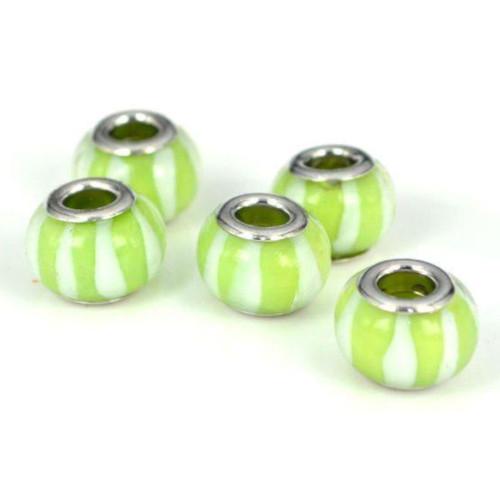 Large Hole Glass Beads, Transparent, Green, White, Striped, Rondelle, 14x10mm - BEADED CREATIONS