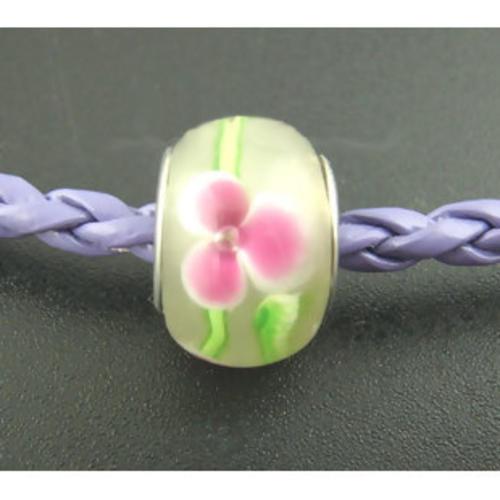 Large Hole Glass Beads, Transparent, Green, With Pink Flower, Rondelle, 14x10mm - BEADED CREATIONS