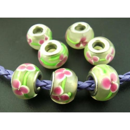 Large Hole Glass Beads, Transparent, Green, With Pink Flower, Rondelle, 14x10mm - BEADED CREATIONS