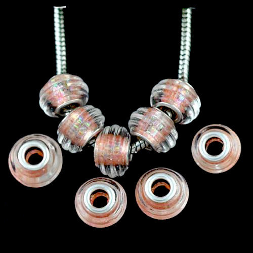 Large Hole Glass Beads, Transparent, Grooved, Iridescent, Light Salmon, Rondelle, 14x10mm - BEADED CREATIONS