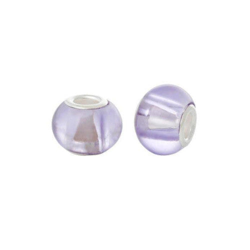 Large Hole Glass Beads, Transparent, Lilac, Rondelle, Silver Core, 14x11mm - BEADED CREATIONS