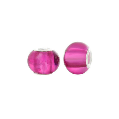 Large Hole Glass Beads, Transparent, Magenta, Rondelle, Silver Core, 14x11mm - BEADED CREATIONS