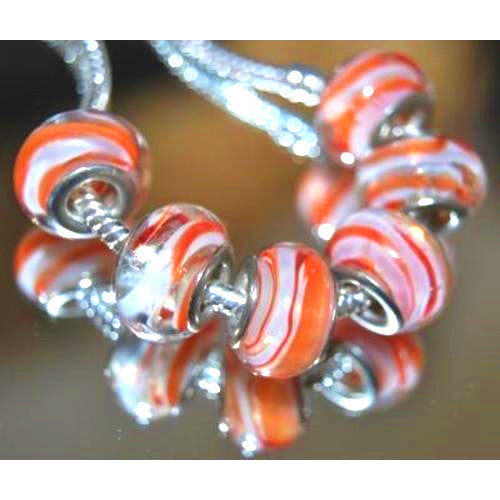 Large Hole Glass Beads, Transparent, Orange, White, Striped, Rondelle, 14x10mm - BEADED CREATIONS