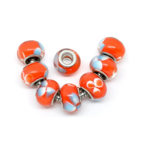 Large Hole Glass Beads, Transparent, Orange, With Blue Flower, Rondelle, 14x10mm - BEADED CREATIONS