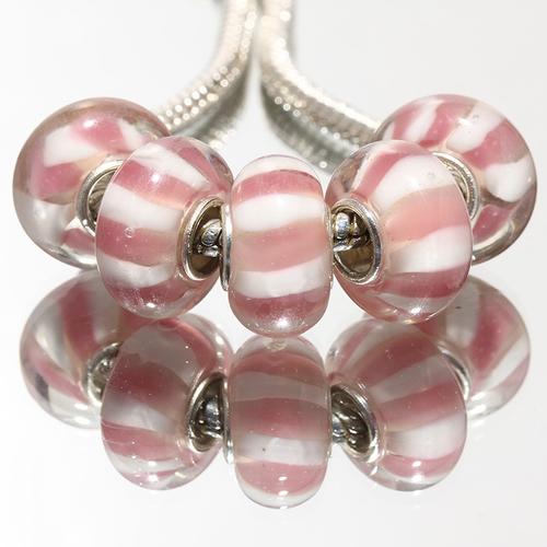 Large Hole Glass Beads, Transparent, Pink, White, Striped, Rondelle, 14x10mm - BEADED CREATIONS