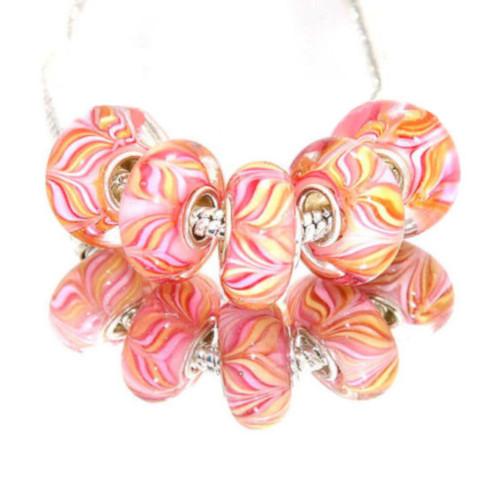 Large Hole Glass Beads, Transparent, Pink, Yellow, Striped, Rondelle, 14x10mm - BEADED CREATIONS