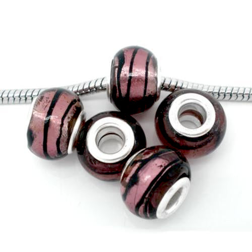 Large Hole Glass Beads, Transparent, Purple, Silver Foil, With Black Stripes, 14x10mm - BEADED CREATIONS
