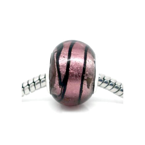 Large Hole Glass Beads, Transparent, Purple, Silver Foil, With Black Stripes, 14x10mm - BEADED CREATIONS