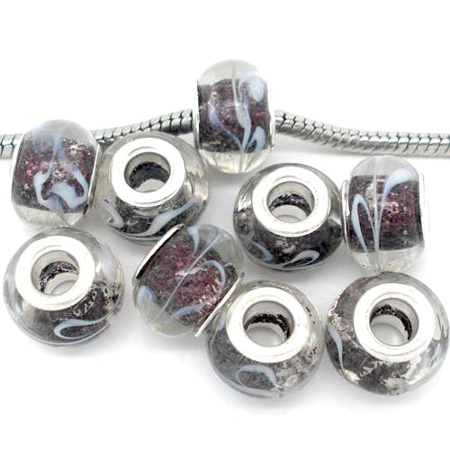 Large Hole Glass Beads, Transparent, Purple, White, With Glitter, Rondelle, 14x10mm - BEADED CREATIONS