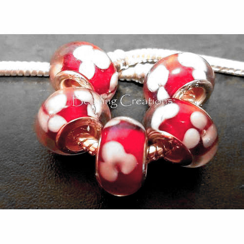 Large Hole Glass Beads, Transparent, Red And White, Flower, Rondelle, 14x10mm - BEADED CREATIONS