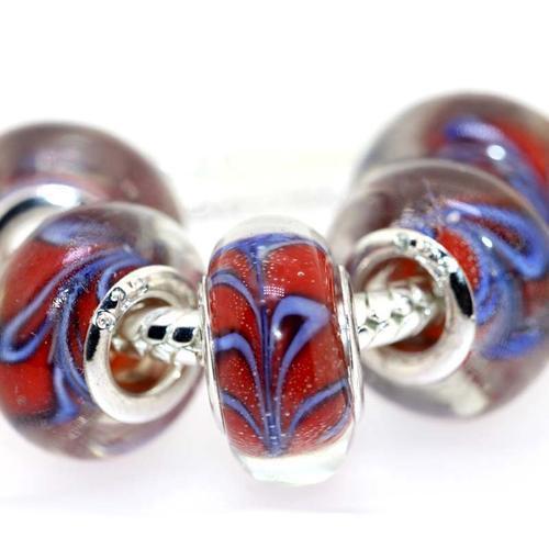 Large Hole Glass Beads, Transparent, Red With Blue Swirls, Rondelle, 14x10mm - BEADED CREATIONS