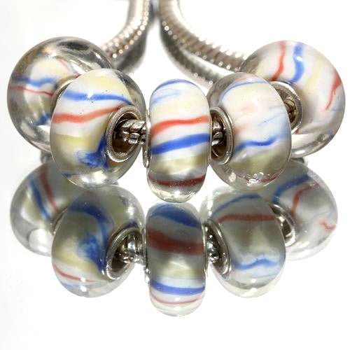 Large Hole Glass Beads, Transparent, Red, Blue, Yellow, Striped, Rondelle, 14x10mm - BEADED CREATIONS