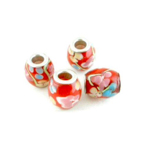 Large Hole Glass Beads, Transparent, Red, Floral, Drum, 14mm - BEADED CREATIONS