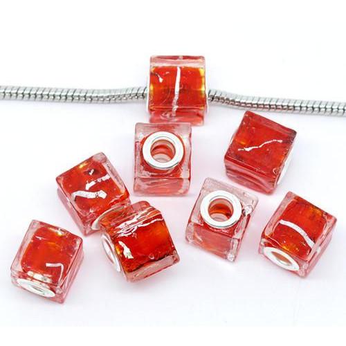 Large Hole Glass Beads, Transparent, Red, Silver Foil, Cube, 13mm - BEADED CREATIONS