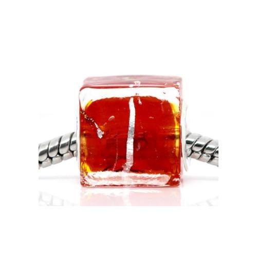Large Hole Glass Beads, Transparent, Red, Silver Foil, Cube, 13mm - BEADED CREATIONS