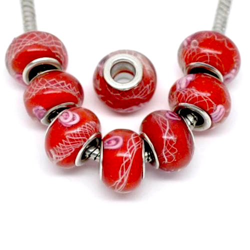 Large Hole Glass Beads, Transparent, Red, White, Pink Swirl, Rondelle, 14x10mm - BEADED CREATIONS